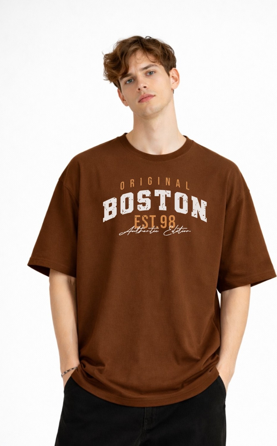TeknoKapsül Boston - Baskılı Oversize Tişört Kahve