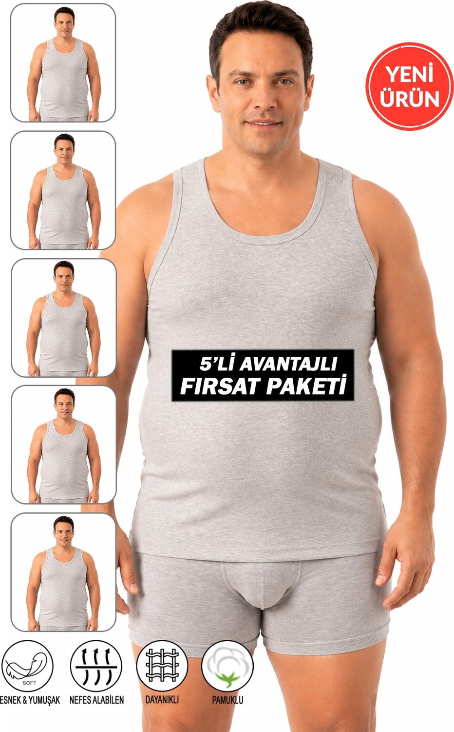 Özkan Underwear Özkan 12473 5'li Paket Erkek Pamuklu Ribana Esnek Rahat Kalın Askılı Büyük Beden Atlet