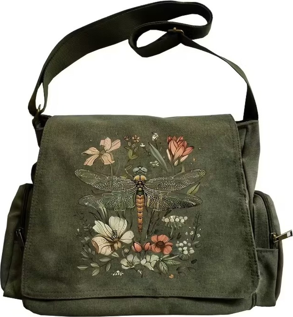 Touz Moda Vintage Bohem Botanik Baskılı Unisex Haki Postacı Çantası