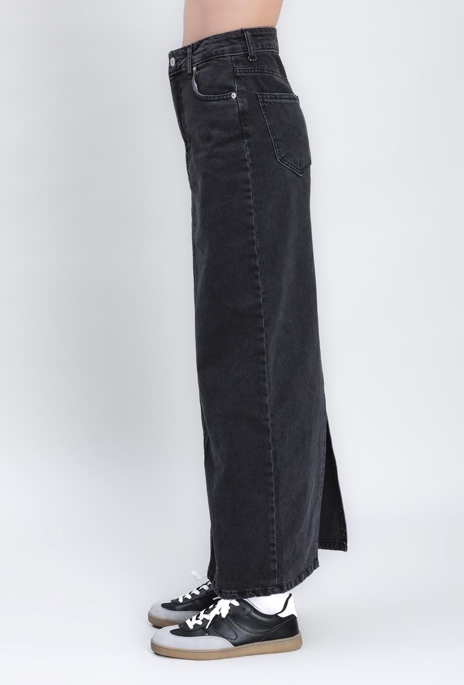 Moda Days Kadın Siyah Uzun Denim Kalem Etek Arka Yırtmaçlı Cepli Düğme Detaylı görsel 4