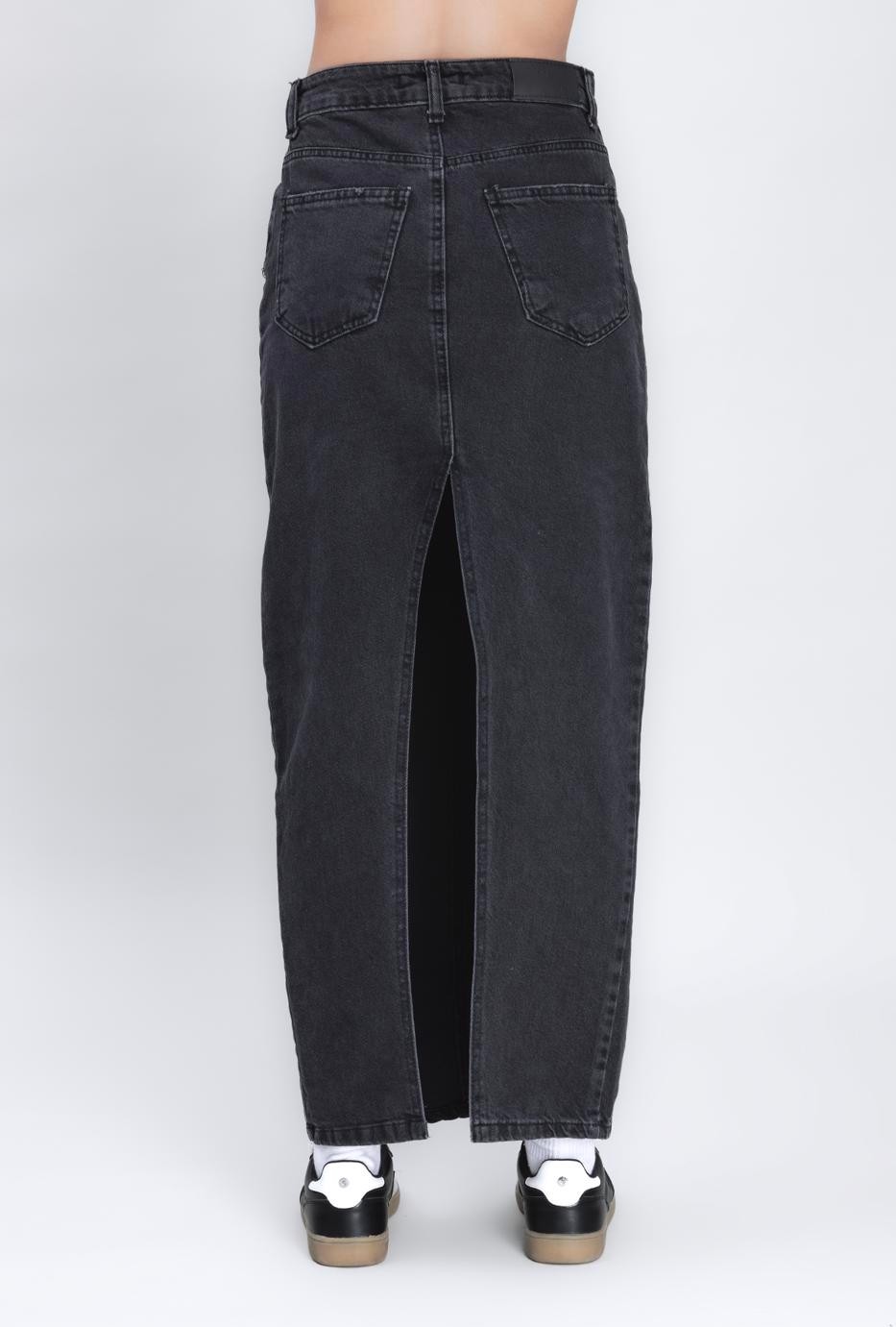 Moda Days Kadın Siyah Uzun Denim Kalem Etek Arka Yırtmaçlı Cepli Düğme Detaylı görsel 3