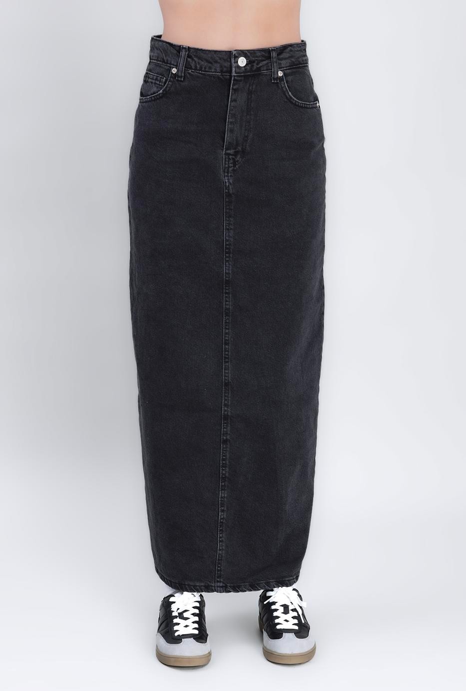 Moda Days Kadın Siyah Uzun Denim Kalem Etek Arka Yırtmaçlı Cepli Düğme Detaylı görsel 2
