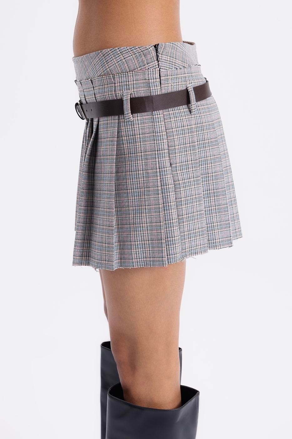 Moda Days Kadın Gri Ekose Kemerli Çift Pilili Mini Dokuma Günlük Etek görsel 5