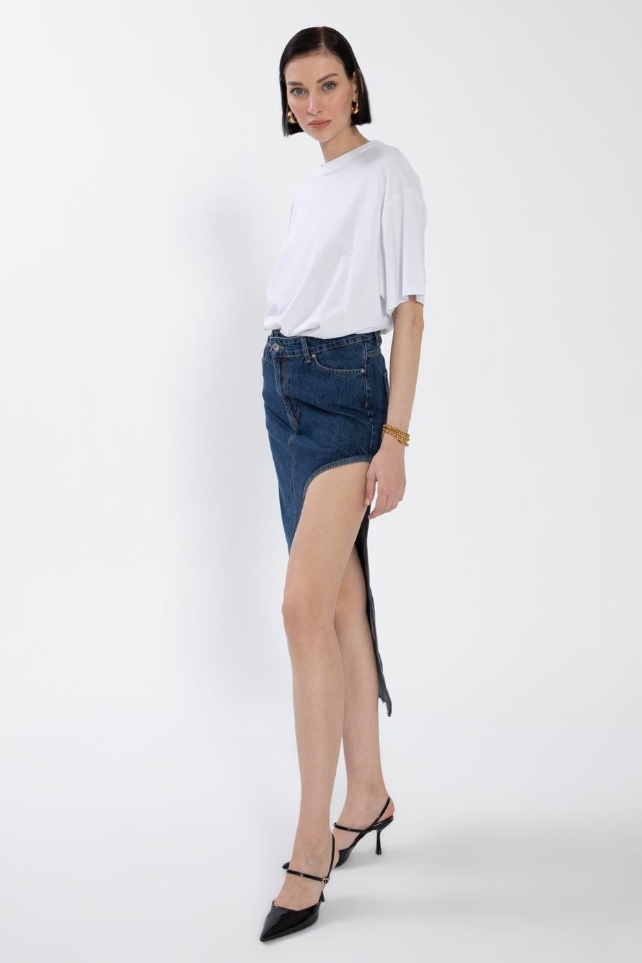 Moda Days Kadın Mavi Denim Etek Yüksek Bel Asimetrik Cut Out Detaylı Midi