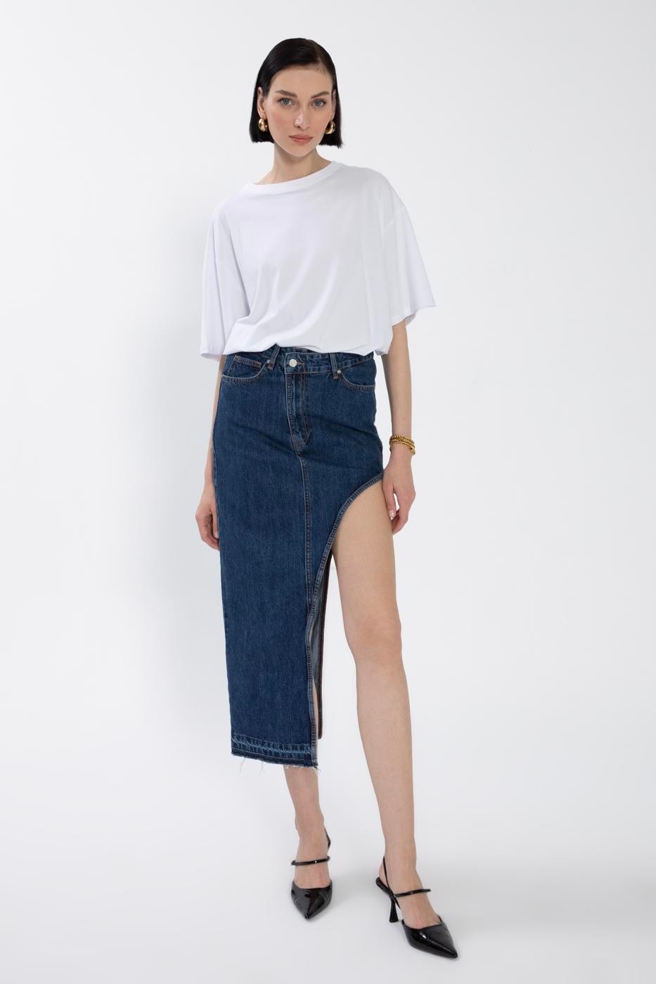 Moda Days Kadın Mavi Denim Etek Yüksek Bel Asimetrik Cut Out Detaylı Midi görsel 2