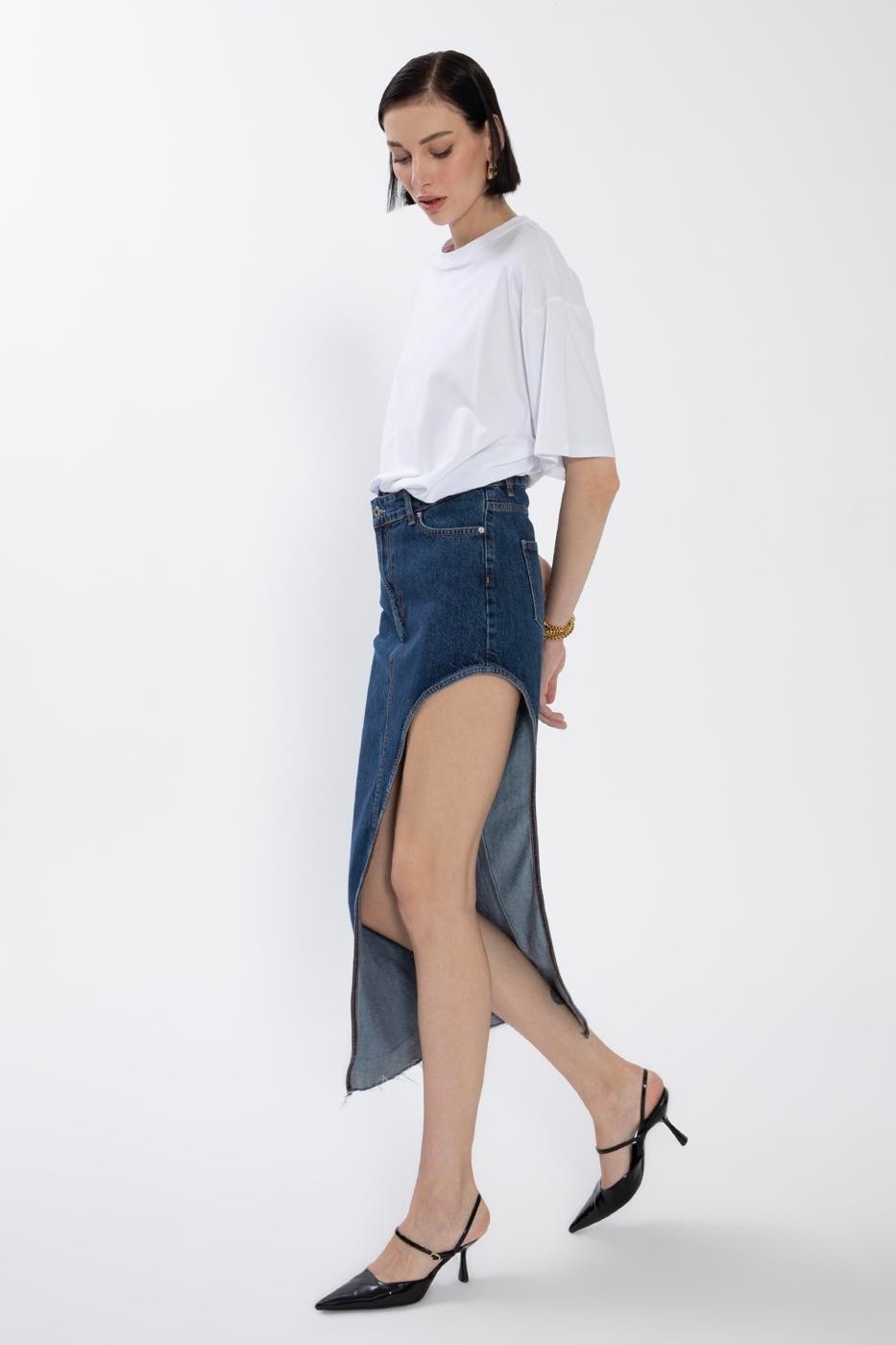 Moda Days Kadın Mavi Denim Etek Yüksek Bel Asimetrik Cut Out Detaylı Midi görsel 3