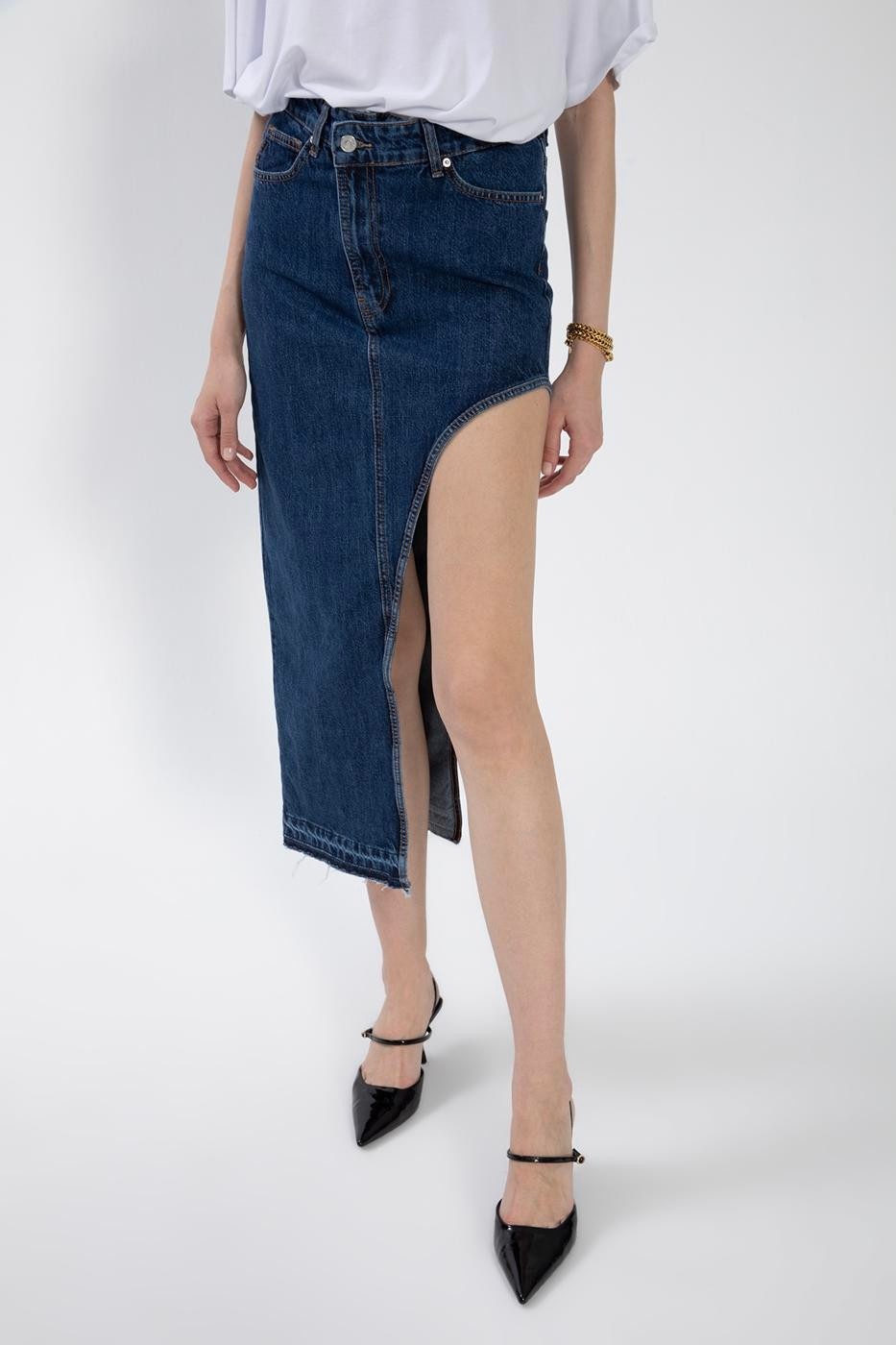 Moda Days Kadın Mavi Denim Etek Yüksek Bel Asimetrik Cut Out Detaylı Midi görsel 4