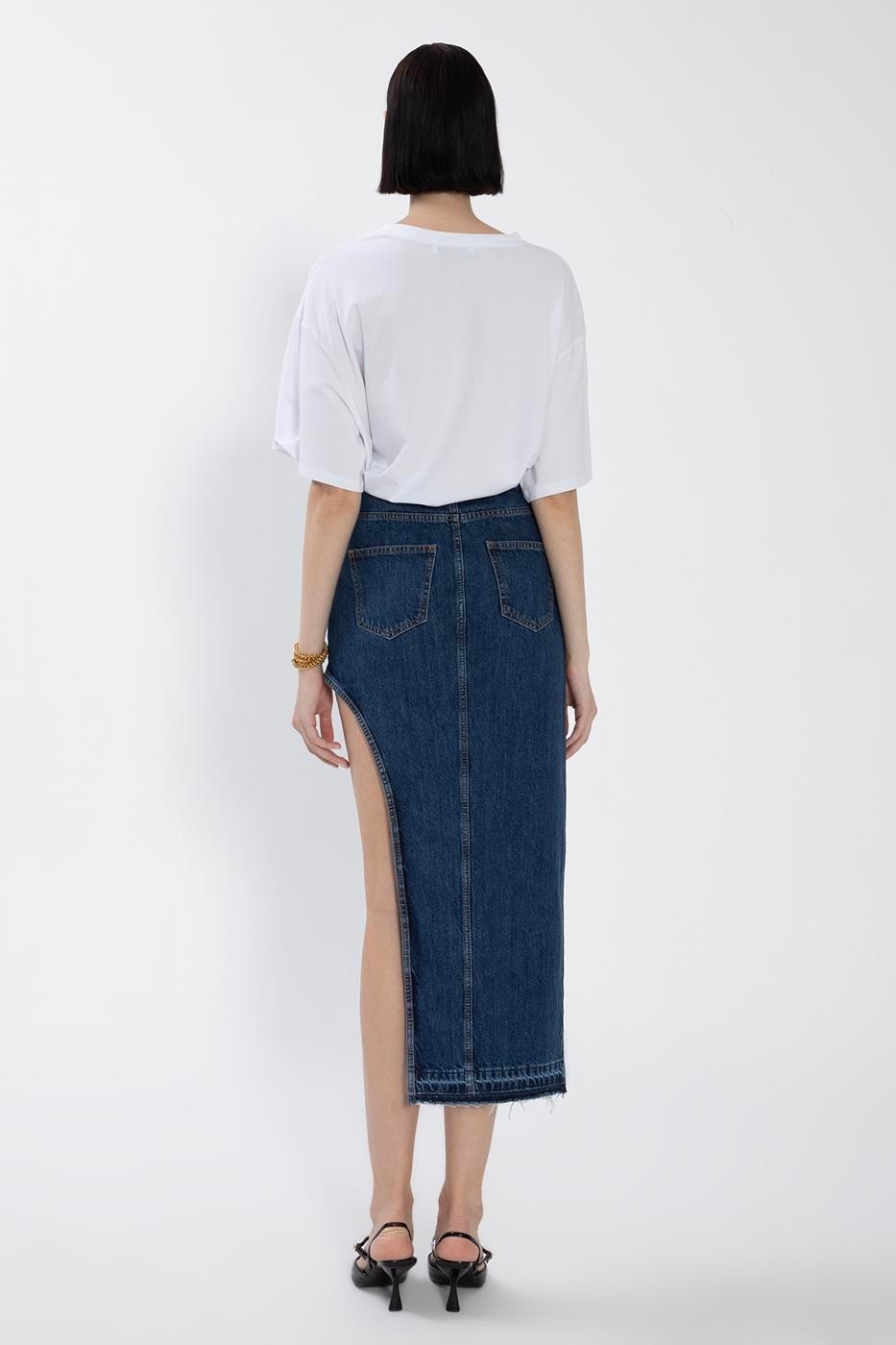 Moda Days Kadın Mavi Denim Etek Yüksek Bel Asimetrik Cut Out Detaylı Midi görsel 5