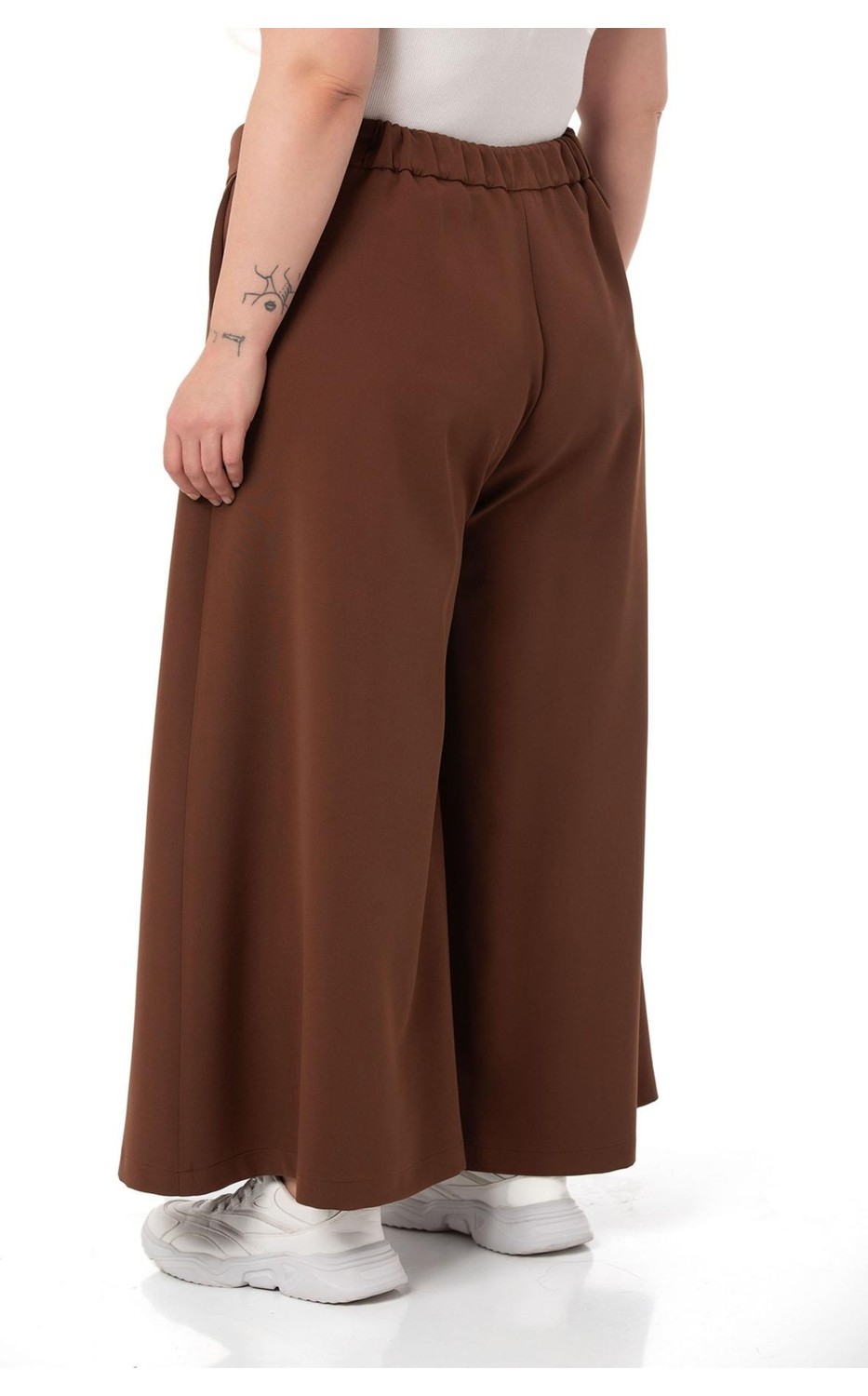 Disentis Modest Büyük Beden Düğme Detaylı Geniş Paça Fermuarlı Bej Rengi Pantolon görsel 3