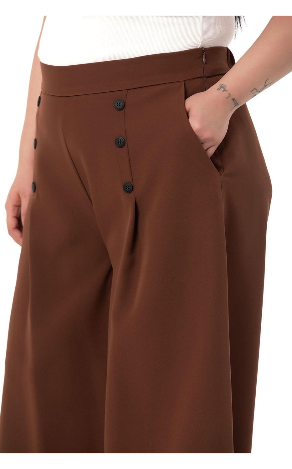 Disentis Modest Büyük Beden Düğme Detaylı Geniş Paça Fermuarlı Bej Rengi Pantolon görsel 4
