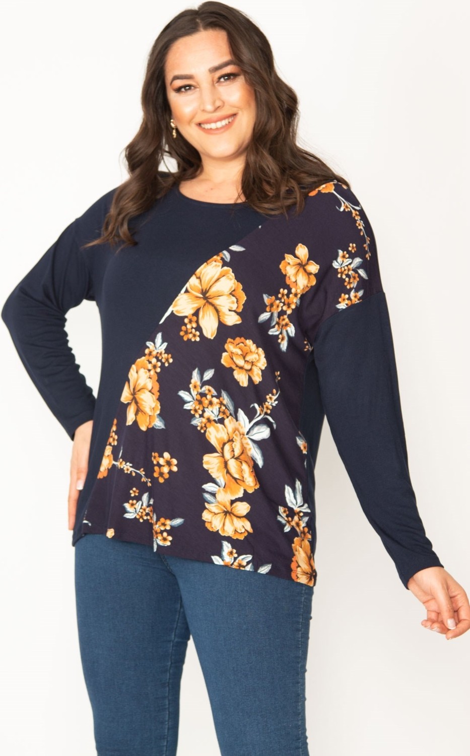 Şans Kadın Lacivert Çieçk Desenli Bisiklet Yaka Tunik 65N30415