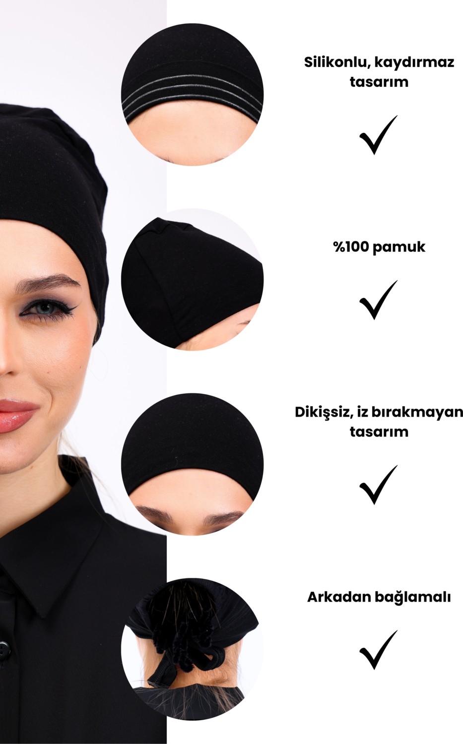 Loggia Kaymayan Siyah Bone Silikonlu Kaymaz Dikişsiz Kadın Tesettür Bağlamalı görsel 3