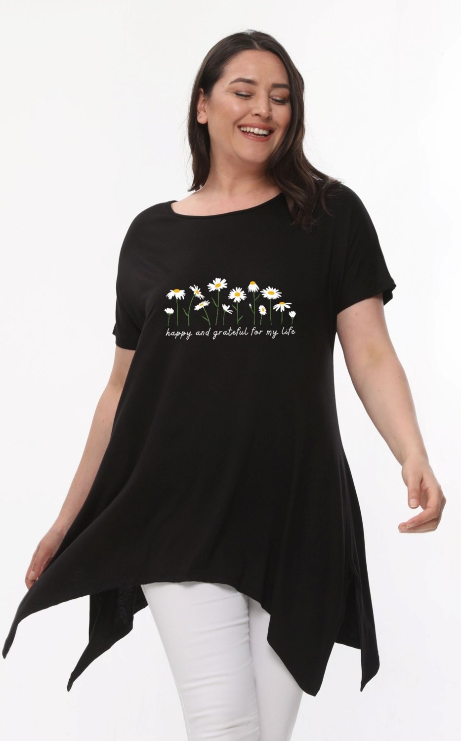 Curvy Trend Büyük Beden Daisies Baskılı Kısa Kol Yırtmaçlı Basic Bluz