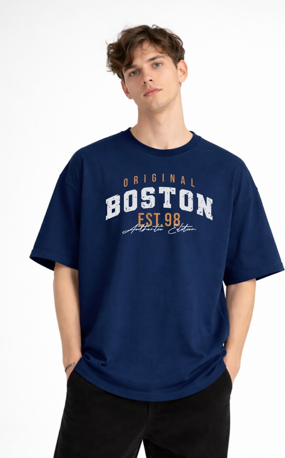 TeknoKapsül Boston - Baskılı Oversize Tişört Lacıvert görsel 4