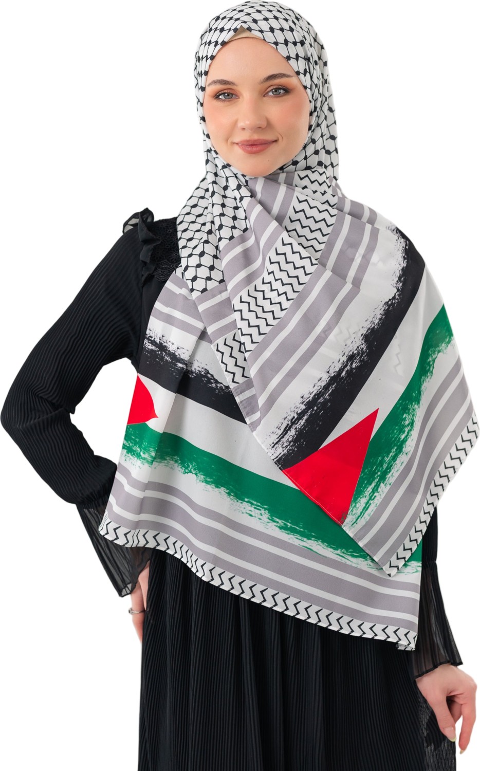 Zaytoon Şal Filistin Kefiye Puşi Gri Çizgili Püskülsüz Unisex Kadın Şal 70x170 cm görsel 3