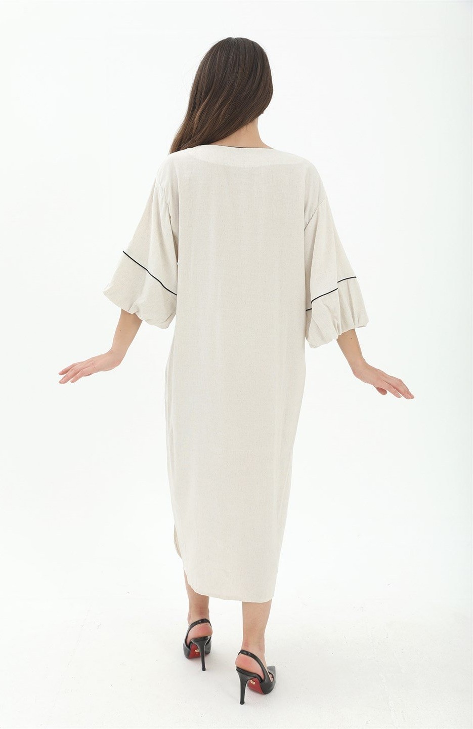 Isawella Balon Kol Nakışlı Kimono - Taş görsel 5