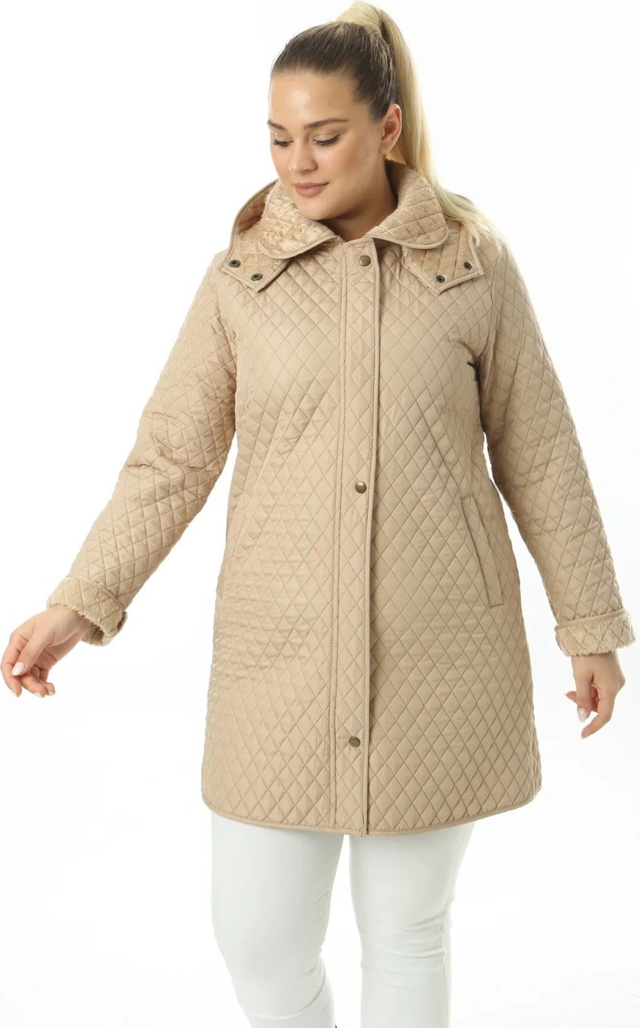 TUTveAL Collection Kadın Fermuarlı Uzun Kapitone Mont Içi Yumuşak Kürklü Kapitone Mont Büyük Beden Kapitone Mont görsel 6