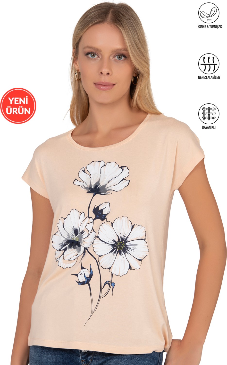 Özkan Underwear Özkan 27468 Kadın Premium Kumaş Önü Baskılı Likralı Örme Bluz görsel 6