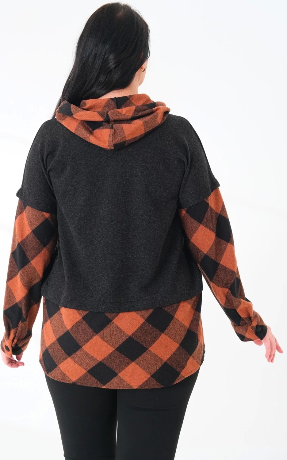 Lady Majestic Ekoseli Oversize Kapüşonlu Büyük Beden Dokuma Sweatshirt görsel 3