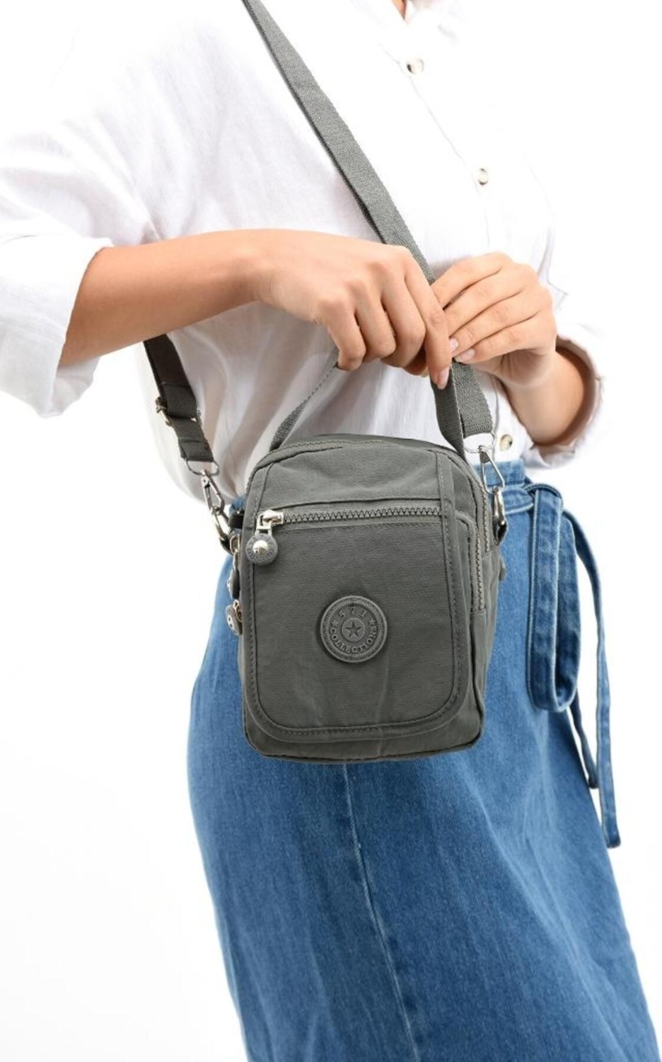 Mediterian Gri Unisex Klinkır Kumaş Postacı Çanta 20x12 cm, Şık ve Hafif Tasarım