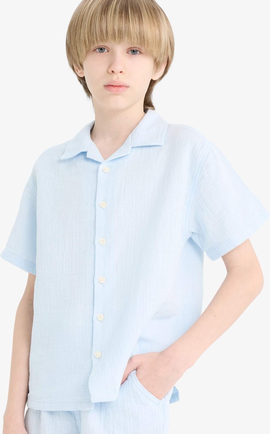 DeFacto %100 Pamuk Oversize Geniş Kalıp Polo Yaka Müslin Kısa Kollu Gömlek Erkek Çocuk W3239A625HS
