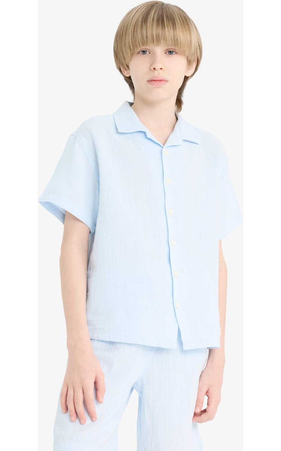 DeFacto %100 Pamuk Oversize Geniş Kalıp Polo Yaka Müslin Kısa Kollu Gömlek Erkek Çocuk W3239A625HS görsel 3