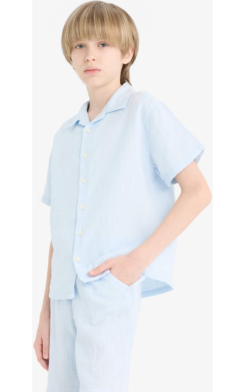 DeFacto %100 Pamuk Oversize Geniş Kalıp Polo Yaka Müslin Kısa Kollu Gömlek Erkek Çocuk W3239A625HS görsel 4