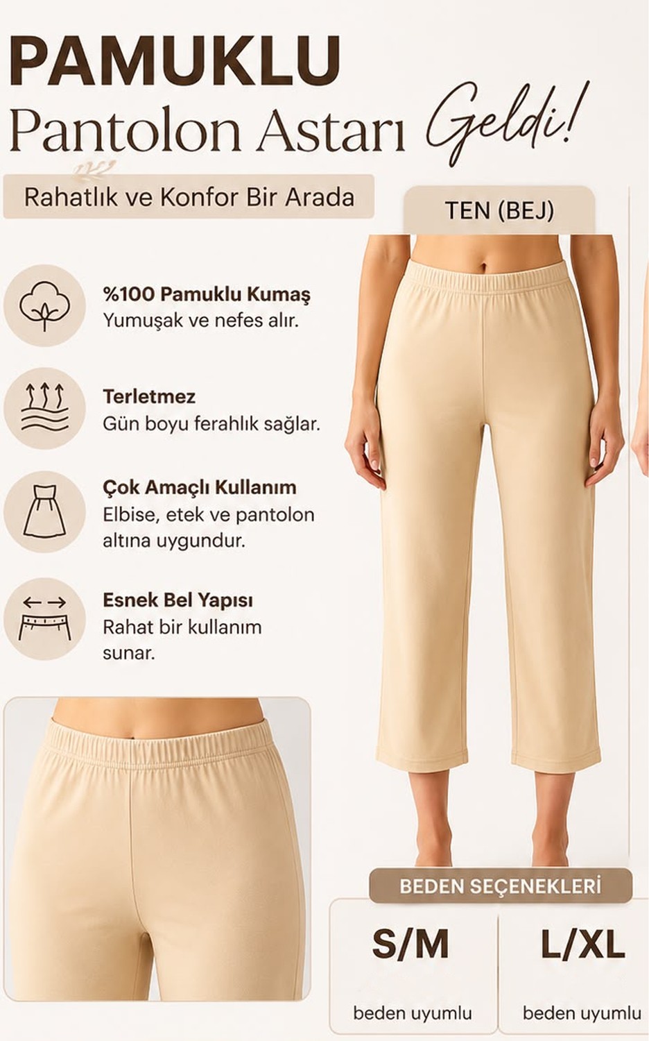 Linotti %100 Pamuklu Kadın Pantolon Astarı, Terletmeyen Nefes Alan Içlik, Beli Lastikli, Beyaz & Ten (Bej)