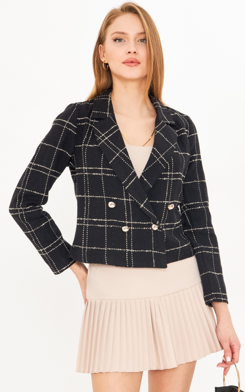 Armonika Kadın Turuncu-Siyah Kruvaze Yaka Tüvit Crop Ceket ARM-24K001014