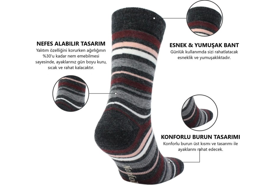 Norfolk Stockholm Merinos Yünü Ince Örgü Premium Gündelik Günlük Çorap 3'lü Paket görsel 2