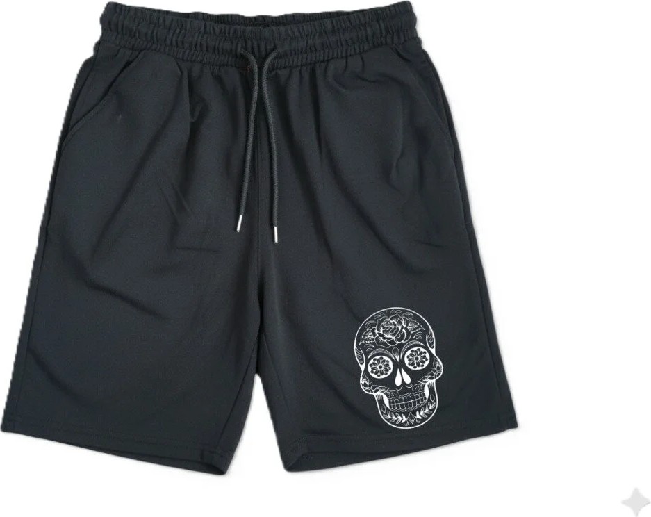 Machi Kadın Erkek Unisex Mexican Skull Baskılı Siyah Penye Rahat Kesim Cepli Lastikli Günlük Spor Şortu