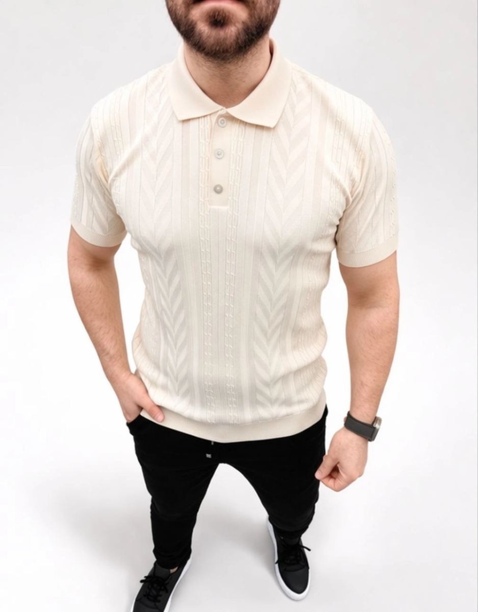 Fantastik Store Erkek Yazlık Triko Tişört Kısa Kol Polo Yaka Düğmeli T-Shirt - Krem görsel 4