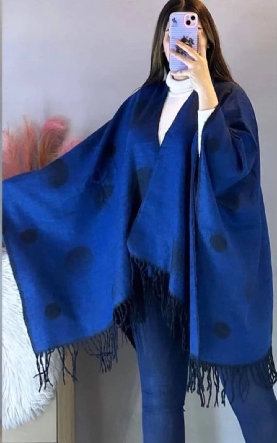 ALDAIYR Kadın Kışlık Çift Taraflı Panço Omuz 140X140