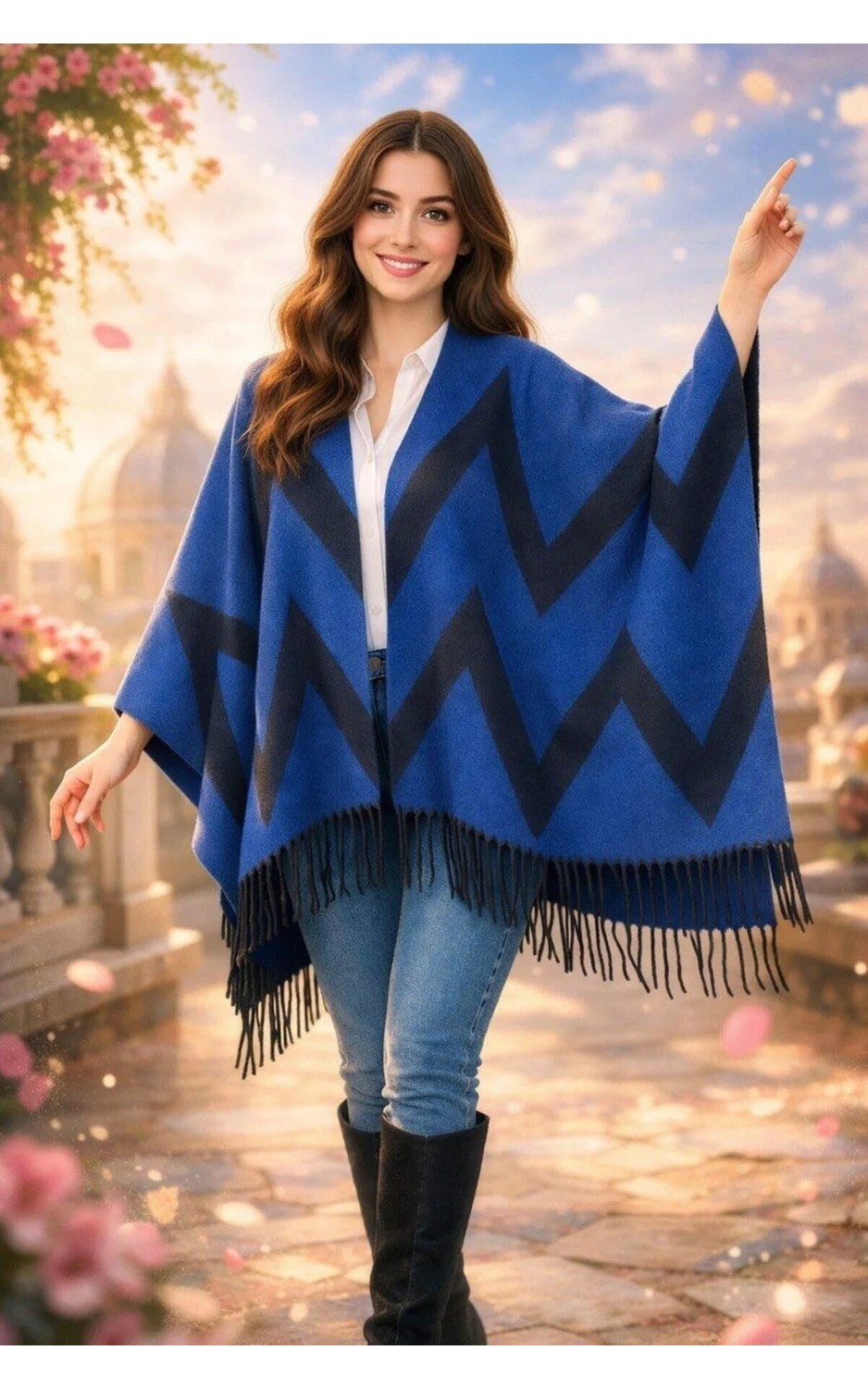 ALDAIYR Kadın Kışlık Çift Taraflı Panço Omuz 140X140 görsel 2