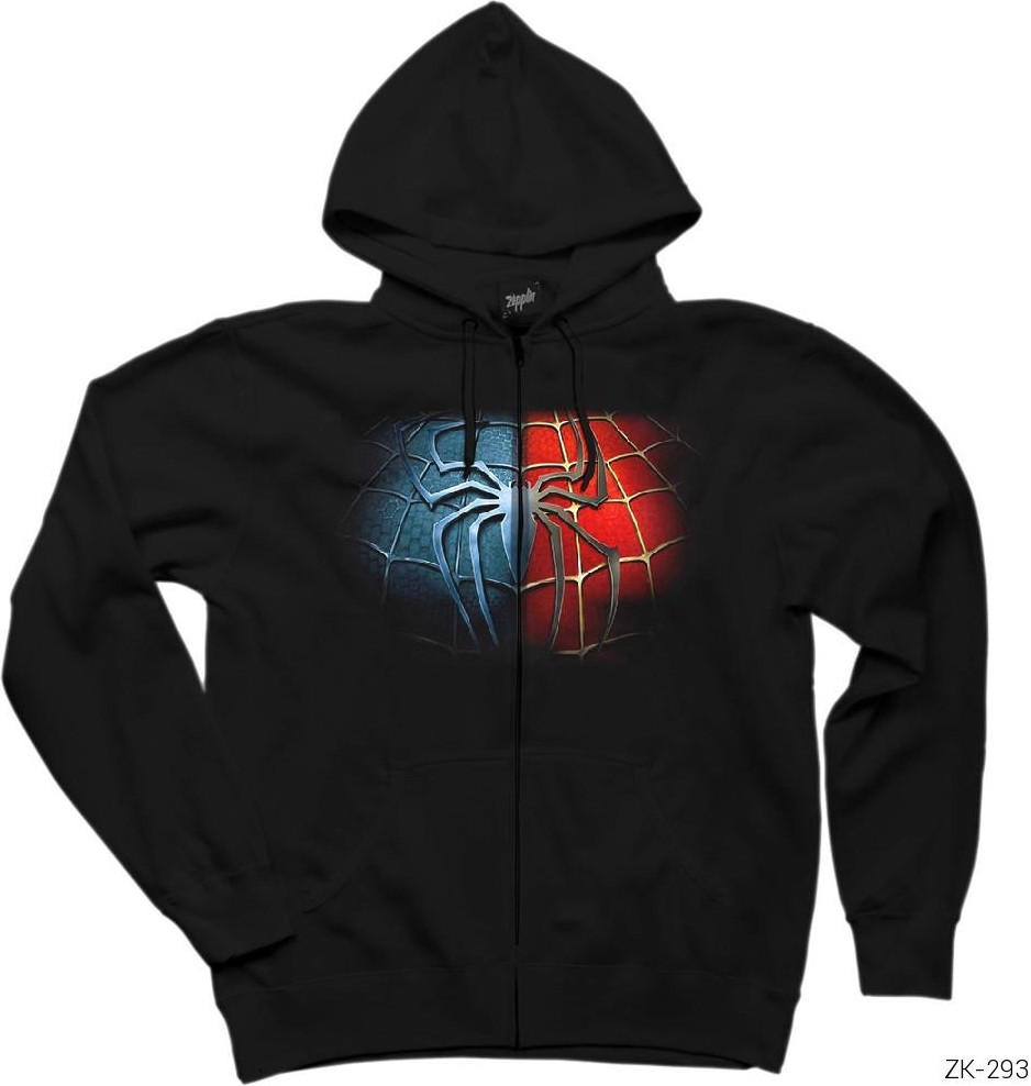 Z zepplin Spiderman Black Red Siyah Fermuarlı Kapşonlu Sweatshirt