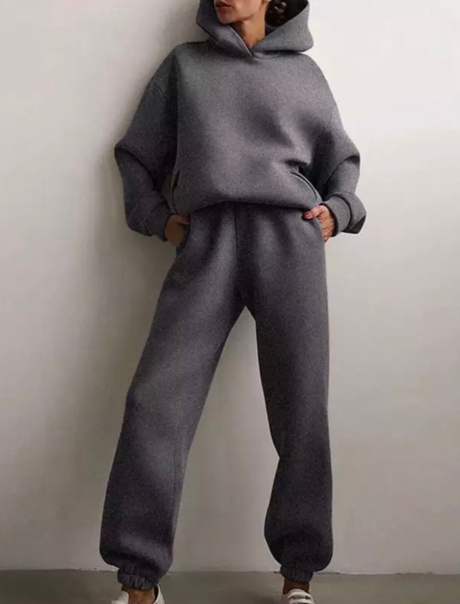Punix Punıx Büyük Beden Özel Seri Kapüşonlu Düz Renk %100 Pamuk Trend Kışlık Oversize Kadın Eşofman Takımı
