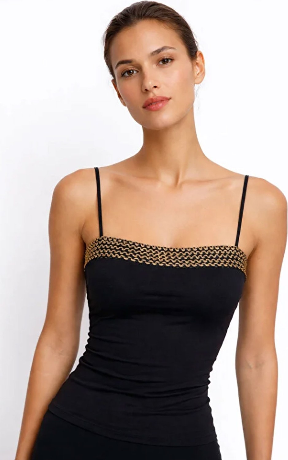 Moda Erva 34 Gold Örgü Detaylı Ince Askılı Straplez Kesim Askılı Body