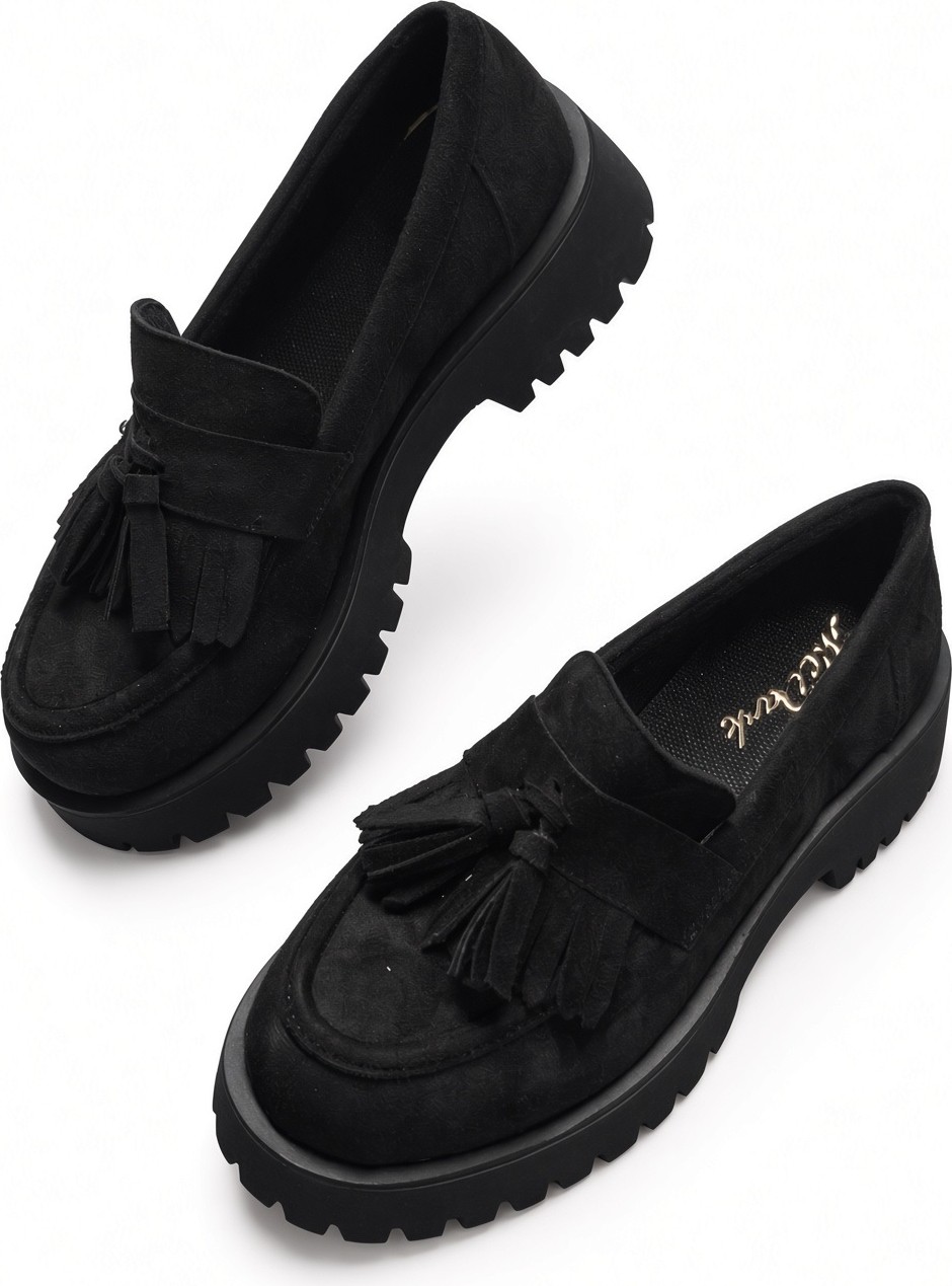 Mcdark Kadın Püsküllü Casual Loafer Ayakkabı-Siyah Süet