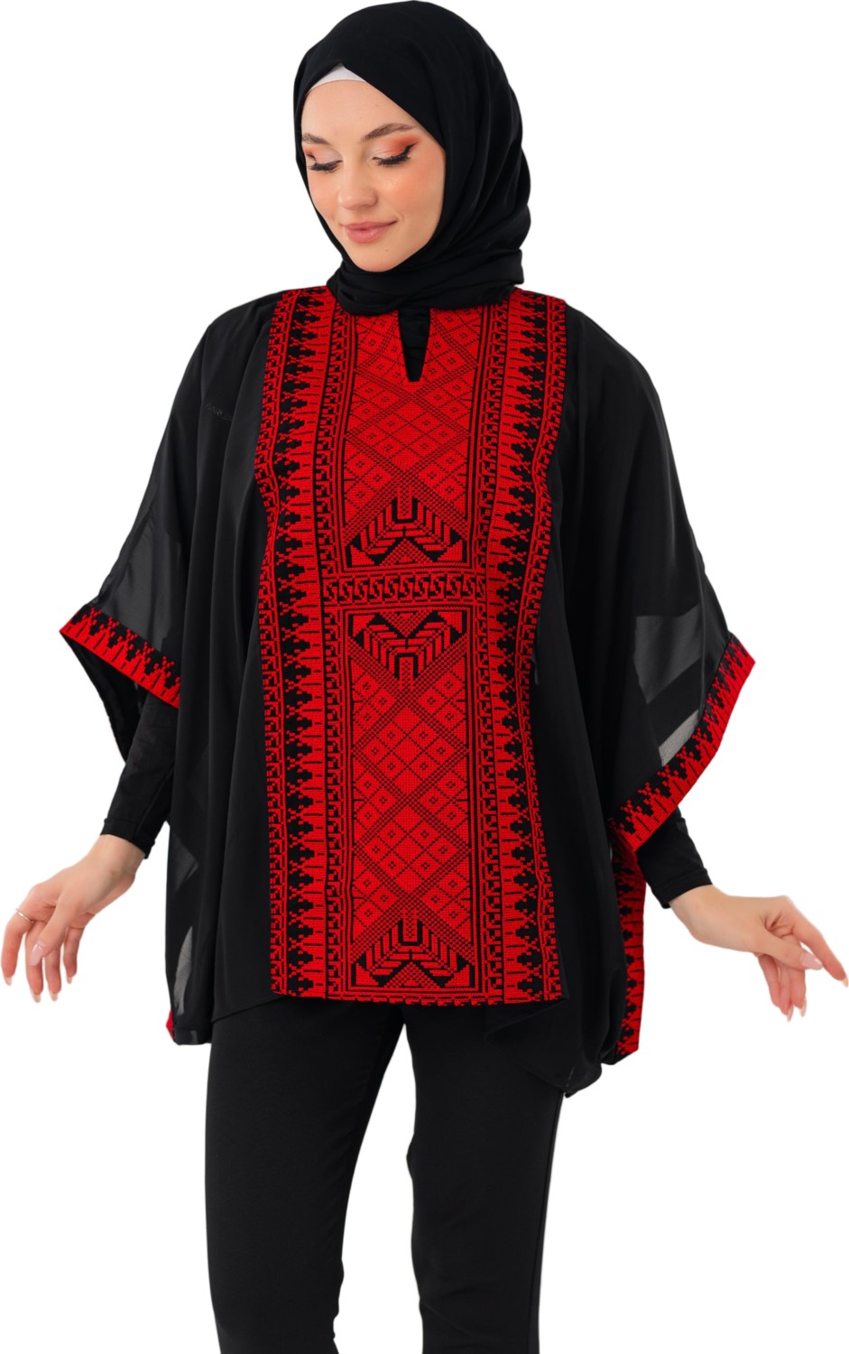 Zaytoon Tesettür Panço Filistin Nakışlı Bol Kollu Oversize Kadın Kap Ponço Freesize