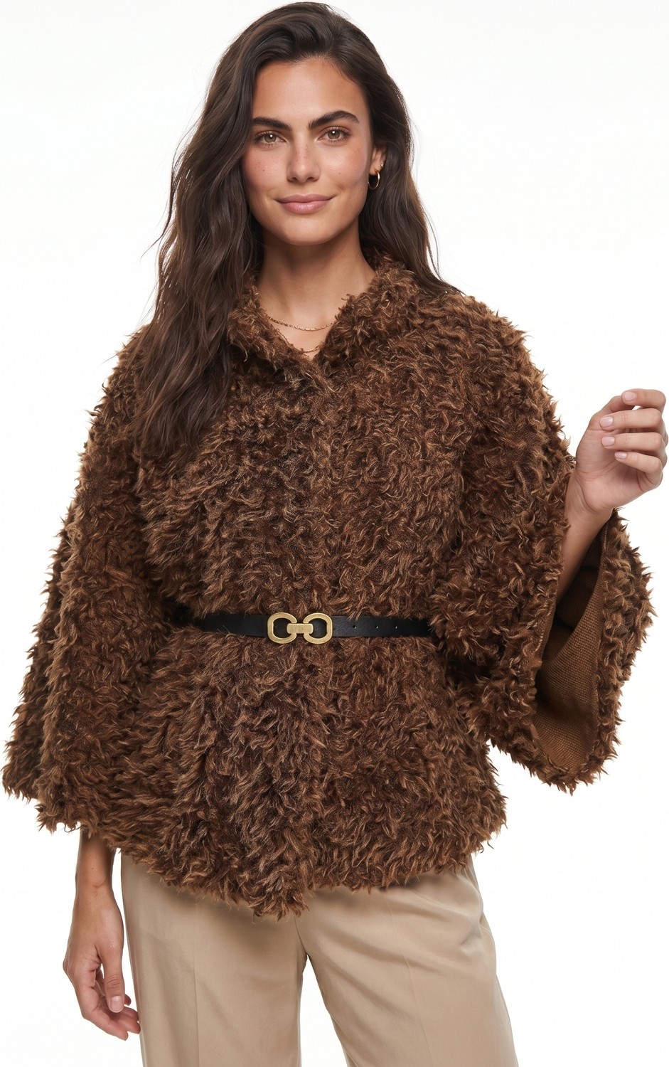 Onloox Kahverengi Yumuşak Dokulu Polyester Kumaş Belden Kemer Detaylı Peluş Panço