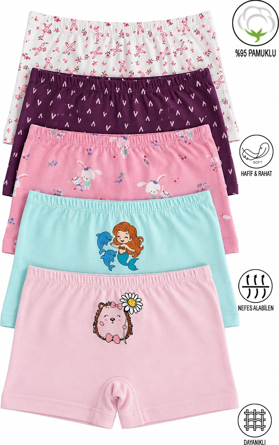 Özkan Underwear Özkan 41602 5'li Paket Kız Çocuk Karışık Renkli Desenli Pamuklu Yumuşak Rahat Şort Boxer