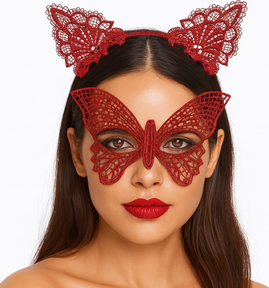 Die Grup Gösterişli Kırmızı Dantel Maske ve Taç Seti 7 No, Masquerade ve Davetler Için