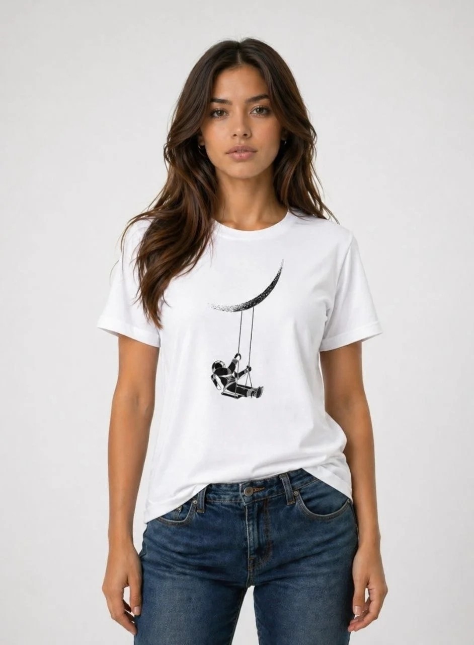Tarz Yeri Kadın Astronot Ay Temalı Tişört Kısa Kol Yazlık Bisiklet Yaka T-Shirt - Beyaz görsel 3