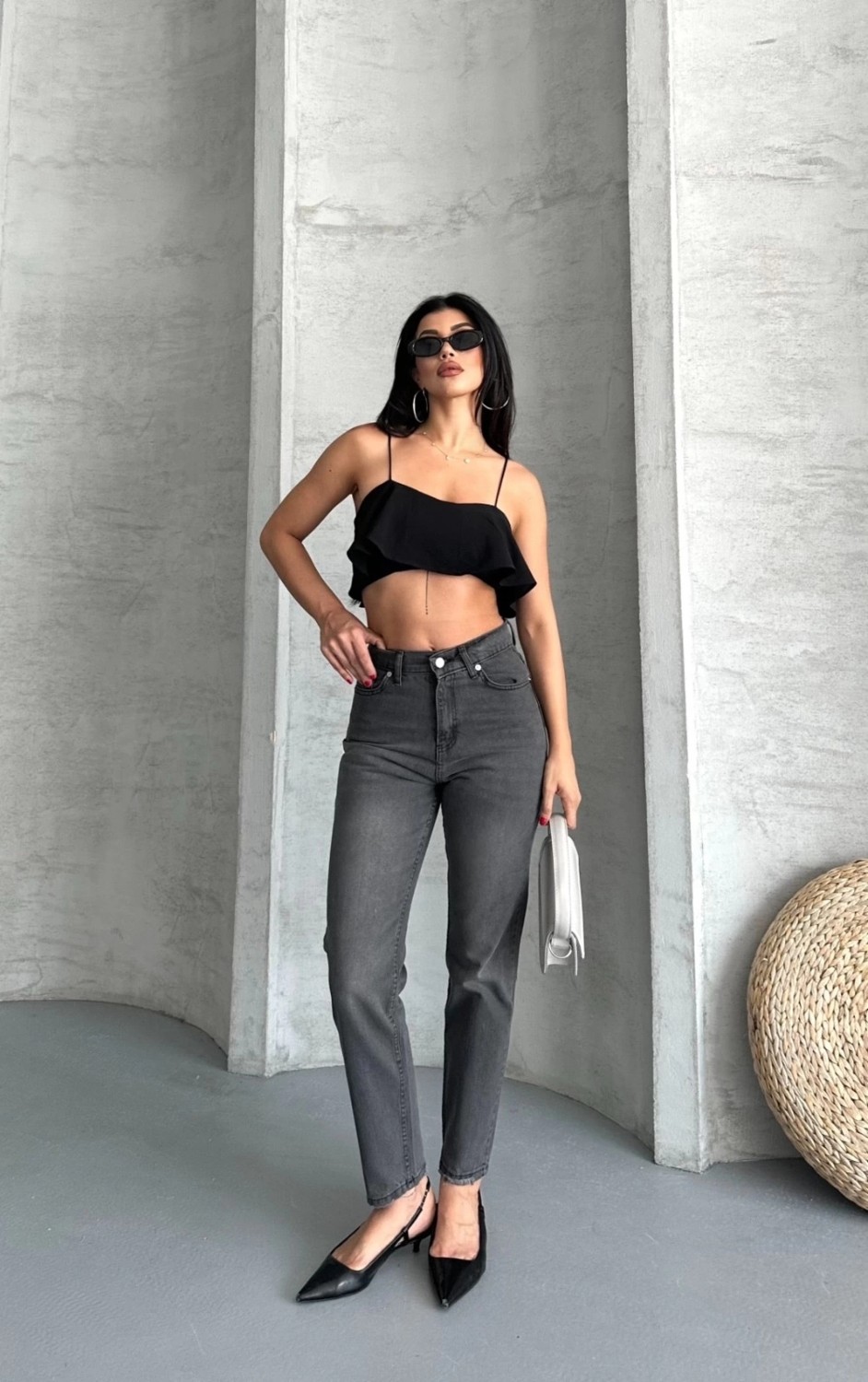 OEY Fashions Mom Fit Enzim Taş Yıkama Jeans Pantolon Füme D2006 görsel 6