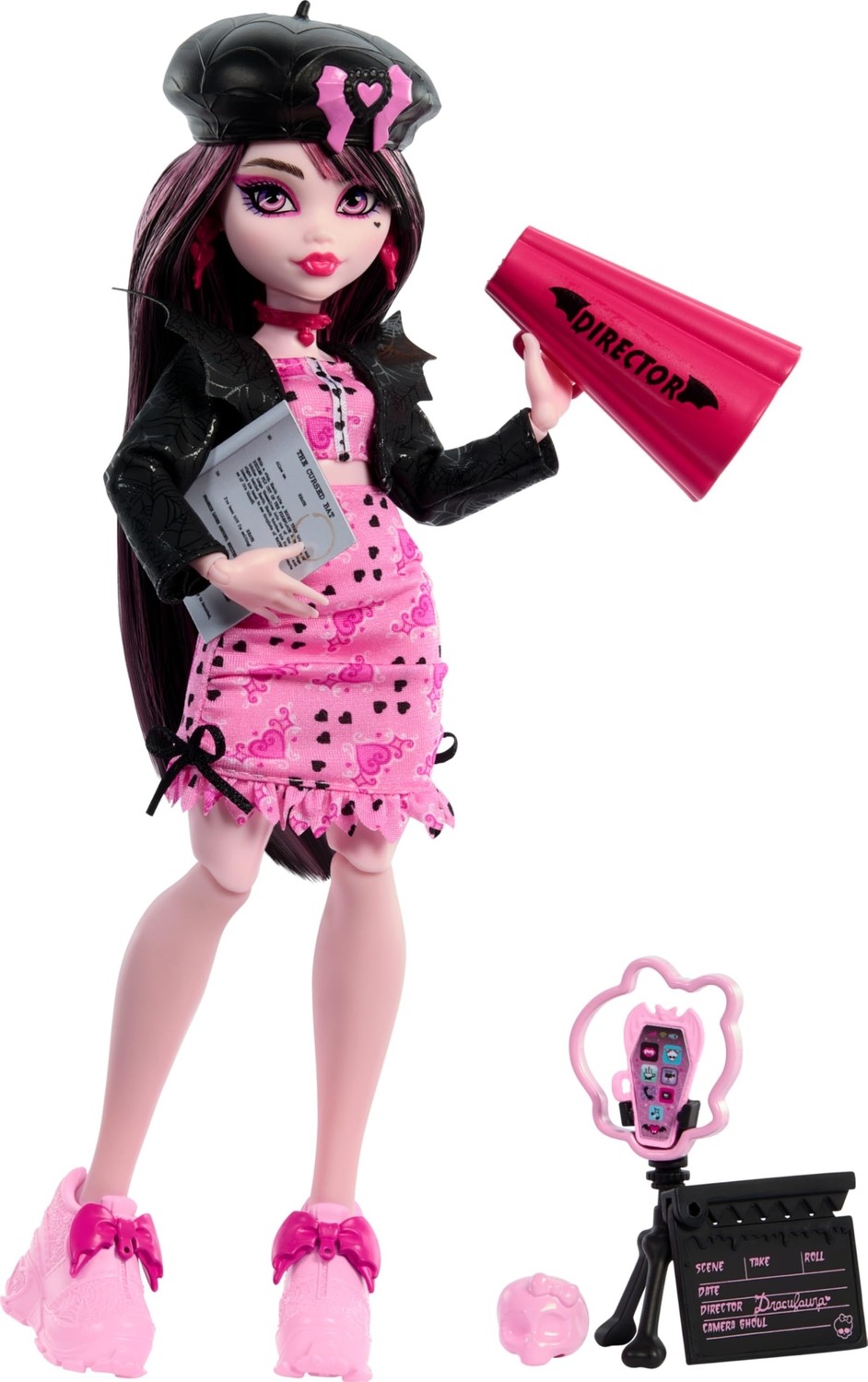 Aesco Monster High Kolej Ceketi, Yıllık, Senaryo ve Film Dekorları Dahil, Film Kulübü Temalı Gizemli Yıllık Draculaura Bebek ve Aksesuar Seti, HXW30