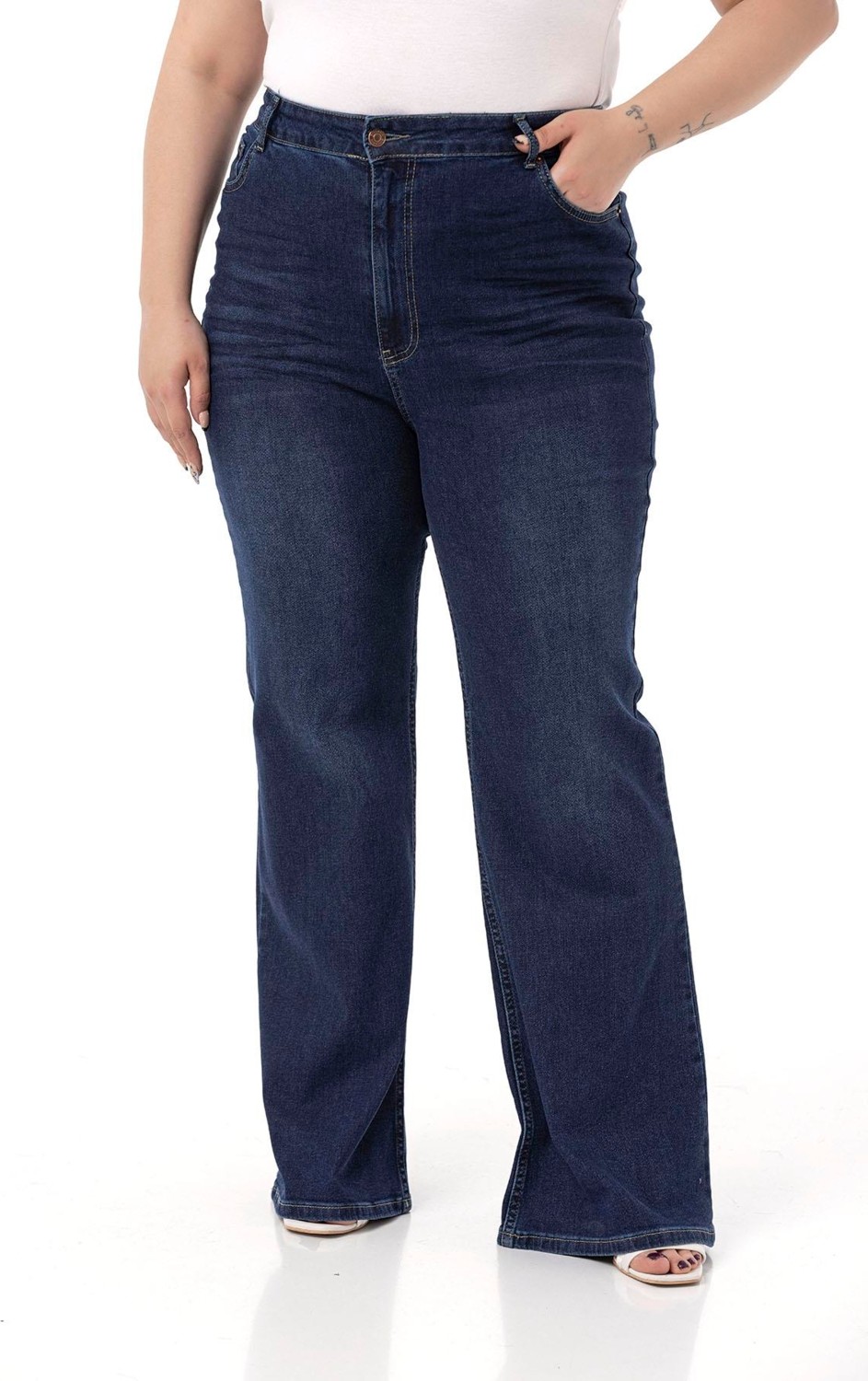 Disentis Modest Büyük Beden Önü Kraşlı Yüksek Bel Ispanyol Paça Antrasit Denim Pantolon