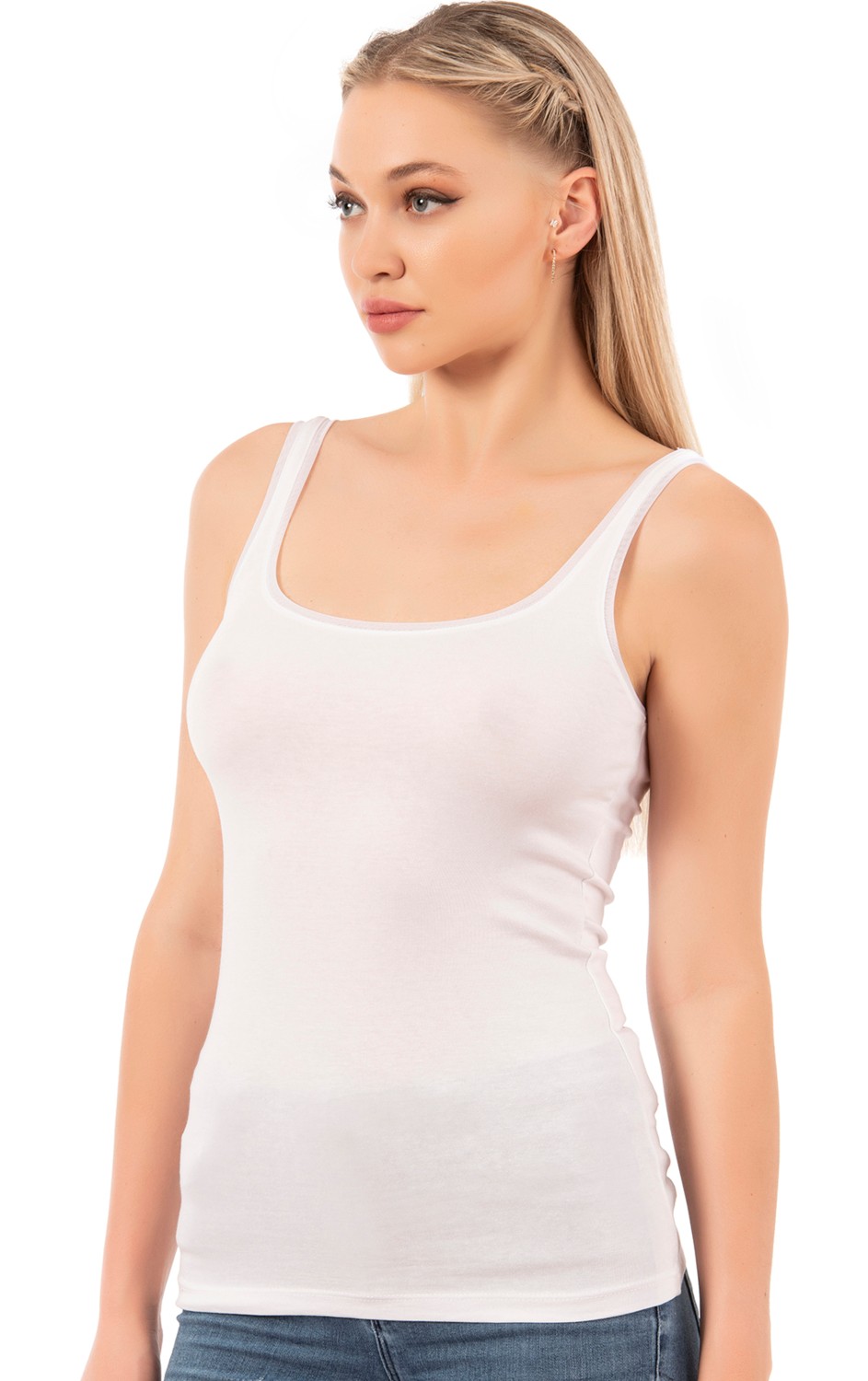 Özkan Underwear Özkan 25493 Kadın Premium Kumaş Modal Pamuklu Likralı Tül Biyeli Kalın Askılı Atlet görsel 3