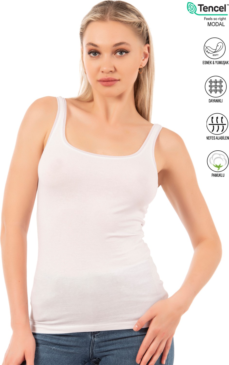 Özkan Underwear Özkan 25493 Kadın Premium Kumaş Modal Pamuklu Likralı Tül Biyeli Kalın Askılı Atlet