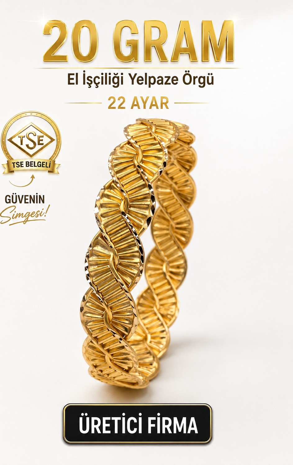Aks Gold 22 Ayar TSE Belgeli (20 GRAM) El İşçiliği Yelpaze Örgü Altın İşçiliksiz Bilezik Gold Düğün
