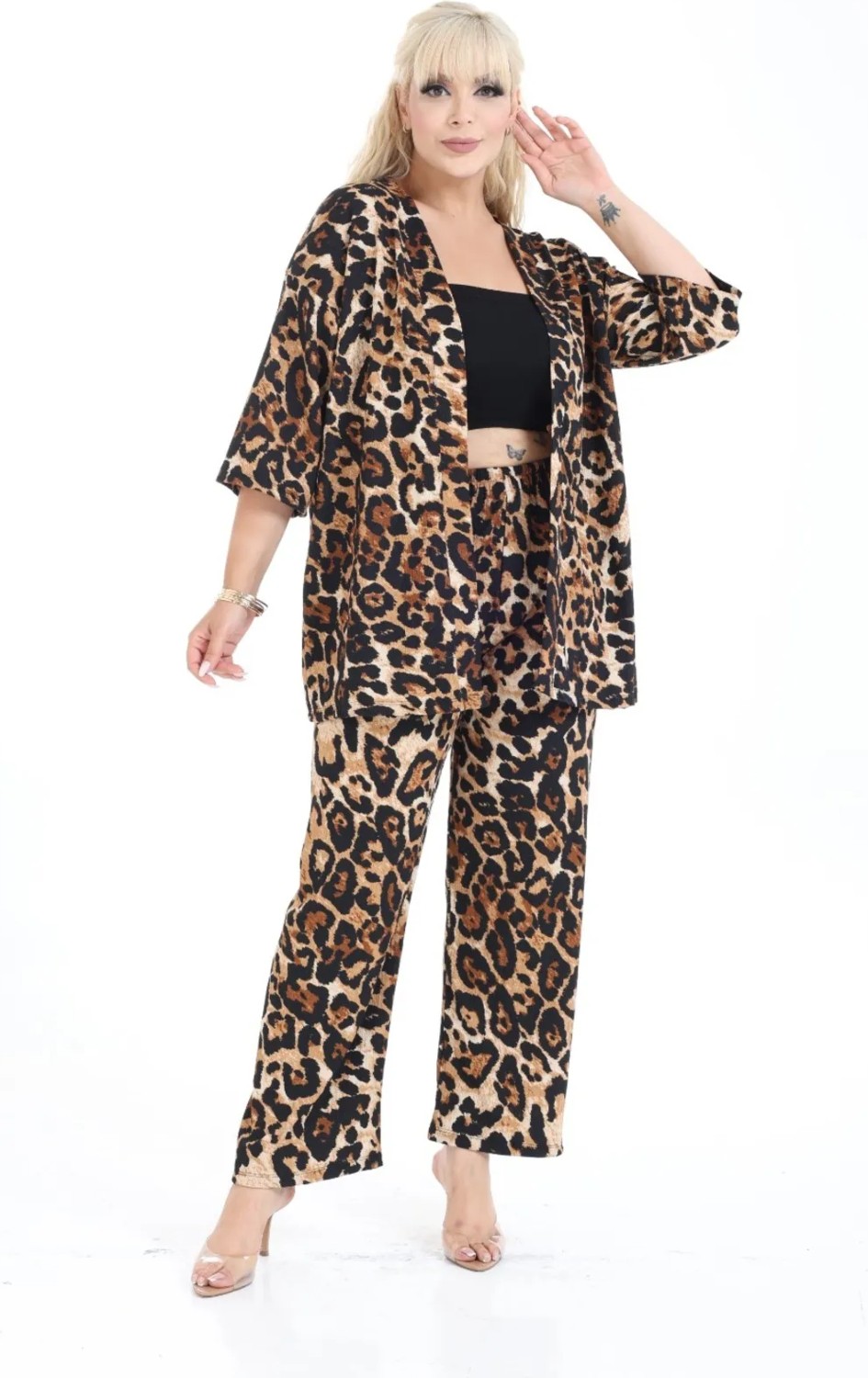 Şuranur Leopar Kimono Hırkalı 2li Alt Üst Takım Bürümcük Kumaş Yazlık 2xl-6xl Oversize görsel 3